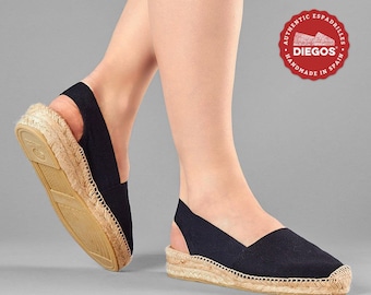 Sapatos alpargatas Catalina pretos Diegos® Classic com salto baixo, feitos e costurados à mão no norte da Espanha | guarda-roupa cápsula