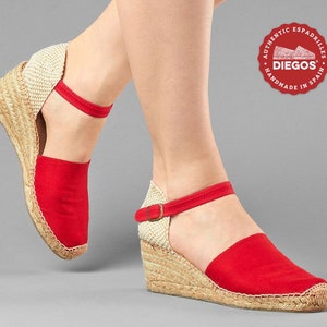 Diegos® Classic high wedge red Carmen espadrilles shoes hand made and hand stitched in northern Spain