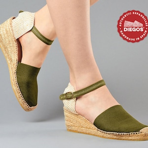 Diegos® Classic high wedge olive green Carmen espadrilles shoes hand made and hand stitched in northern Spain - Clip-on ankle strap easy fit