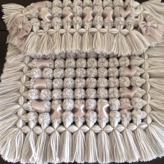 Luxurious Baby Pom Pom Blanket Car Seat Cover in Blue /& White Mix Pram