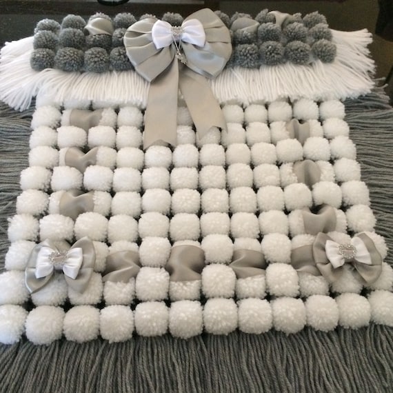Luxurious Baby Pom Pom Blanket Car Seat in White & Grey Mix Pram 