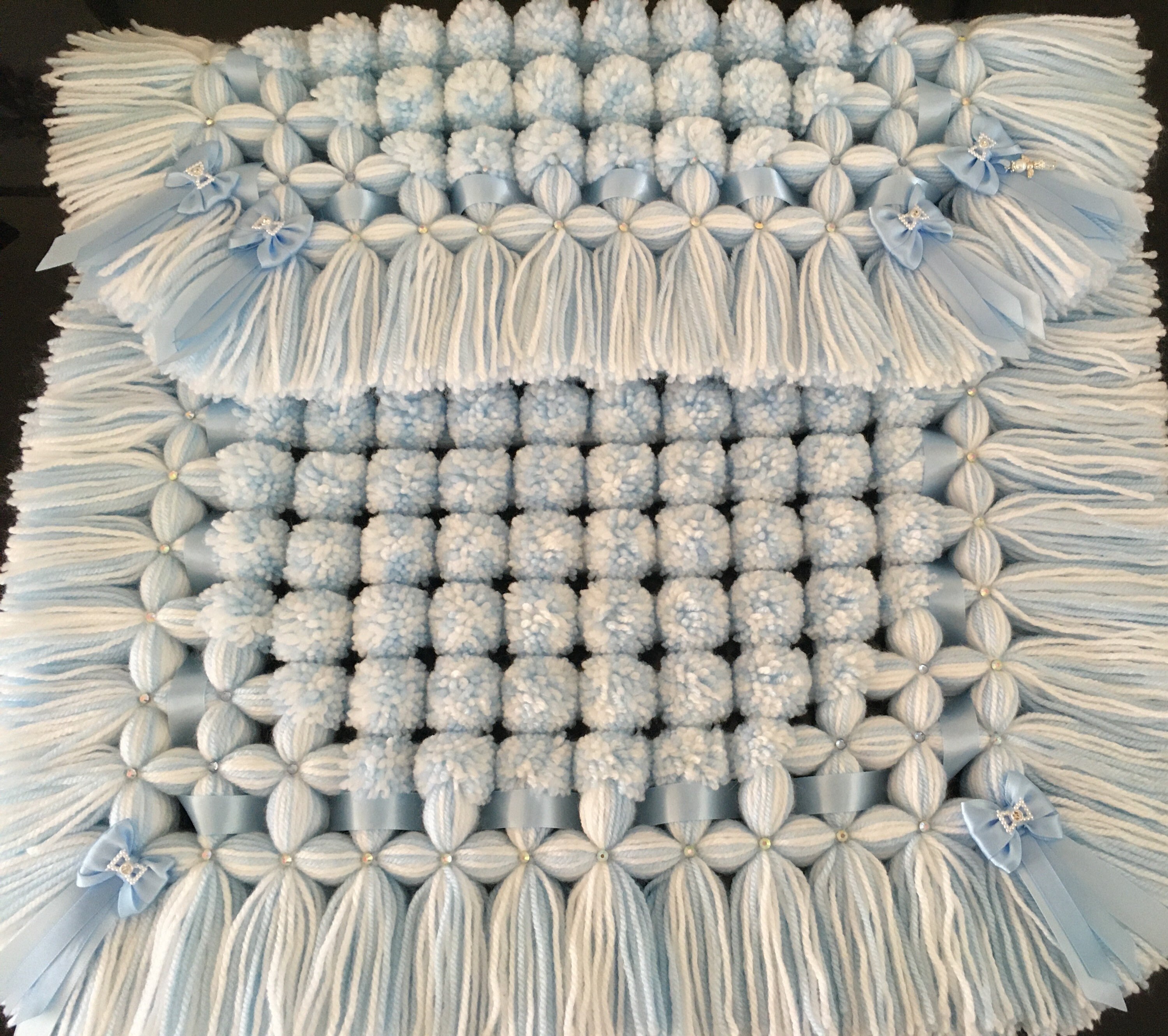 Luxury pom pom blanket in blue and white mix suitable for Etsy