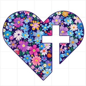 May include: A heart-shaped design filled with colorful flowers in shades of pink, purple, blue, yellow, and white, set against a dark blue background. A white cross shape is cut out of the center.