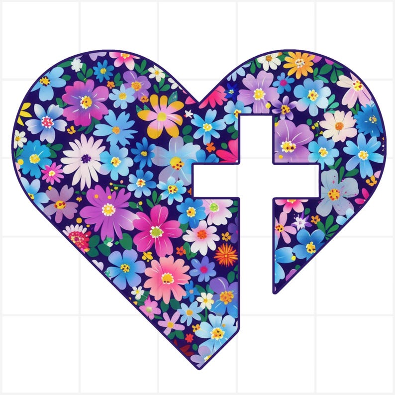 May include: A heart-shaped design filled with colorful flowers in shades of pink, purple, blue, yellow, and white, set against a dark blue background. A white cross shape is cut out of the center.