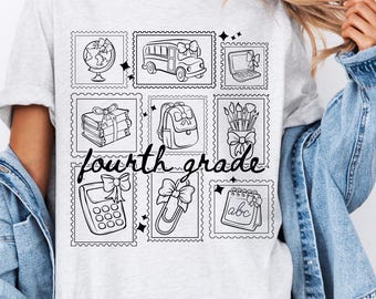 May include: A light gray t-shirt featuring a black and white graphic design of school-themed postage stamps. The stamps include a globe, school bus, laptop, books, backpack, art supplies, calculator, paperclip, and a calendar. The words "fourth grade" are in the center.
