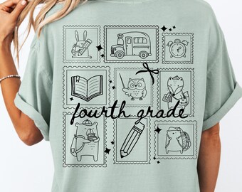 May include: A light green t-shirt featuring a design of postage stamp-like squares with school-themed illustrations. The words "fourth grade" are written in cursive. The design includes a rabbit, school bus, alarm clock, book, owl, fox, bear, pencil, and hedgehog.