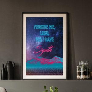 Synthwave neon mountain, digital download art printable poster home decor wall art, retrowave, vaporwave, 80s, outrun, Forgive me Lord