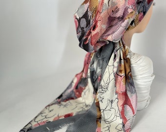 ¡NUEVO! Bufanda preatada para mujer, bandana Tichel hecha a mano, cubrecabezas ligero de algodón, gorro con agarre y colas largas