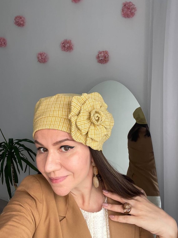 Mustard Plaid Lightweight Knit Beret With Handmade Flower 