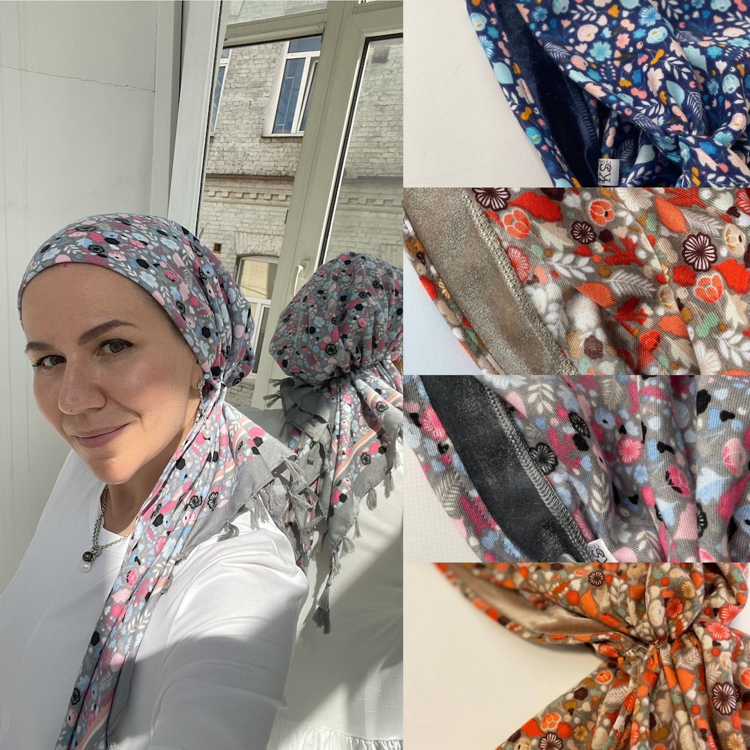 Non Slip Cashmere Headscarf Pre tied Bandana Handmade Headwear for Women Black Non Slip Head Wear; Soft Colorful Knit Paisley  main image 4