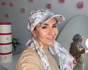 Lightweight Cotton Tichel with Visor – Pre-Tied Summer Scarf for Women | Chemo Headwear | Bandana with Visor Woman | Adjustable Fit