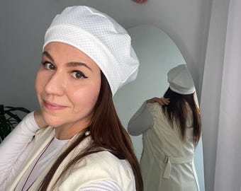 Autumn Classical Beret for Women. Soft to Touch Beret for Her. Vintage White and Bordo Beret for Her. Handmade Elegant Warm Beret for Girls