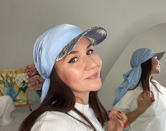 Pre-tied Blue Paisley Bandana with Visor | Lightweight Viscose-Silk Headscarf | Summer Tichel | Chemo Headwear for Women | Gift for Her