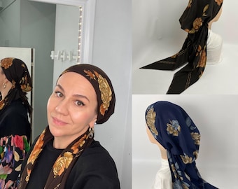 Summer Pre-tied Headscarf for Women in Dark-Blue and Brown Colors. Cute Pre-tied Tichel for Girls. Gift for Her. Stylish Hair Accessories
