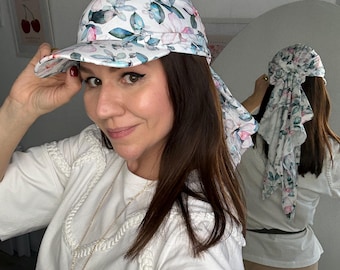 White Magnolia Tichel with Visor | Summer Headscarf for Women | Breathable Staple Fabric | Chemo Headwear | Scarf with Scrunchie