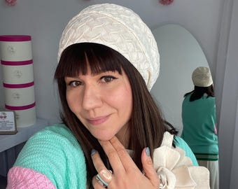 Summer Elegant Beret for Women. Lightweight Beret for Her. Natural Breathable Materials. Cancer Hat Beret. White and Ivory Guipure Beret