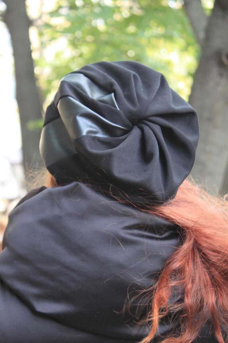 Autumn Black Beanie Hat for Women with eco-leather