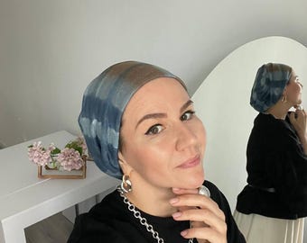 Summer Cute Headscarf for Women. Lightweight Beret for Her. Natural Breathable Materials. Gift for Her. Chic Blue Color with Stylish Stripes