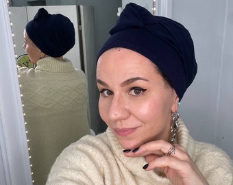 NEW! Dark-blue Scarf Adjustable Angie. Stylish Casual Head Covering Gift for Women. Handmade Dark-blue Pre-tied Tichel Turban