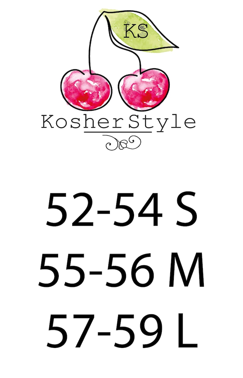 May include: Size chart for clothing with the text "52-54 S", "55-56 M", and "57-59 L".