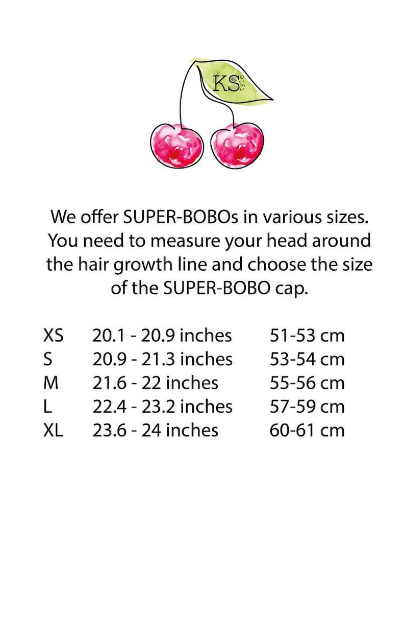 May include: Image features a watercolor illustration of two cherries with a green leaf and the text "KS". Text below details SUPER-BOBO cap sizes in inches and centimeters, ranging from XS (20.1-20.9 inches, 51-53 cm) to XL (23.6-24 inches, 60-61 cm).