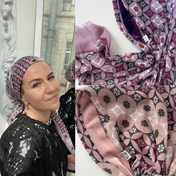 NEW! Pre-tied Tichel HeadScarf with an ornament, Handmade Grap Tied Bandana with imitation of the scarf, Casual Head Cover