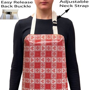 May include: Red and white checked vinyl apron with adjustable neck strap and easy release back buckle.