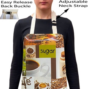 May include: A brown and white coffee themed apron with an adjustable neck strap and an easy release back buckle. The apron features a collage of coffee cups, coffee beans, and the word "sugar".