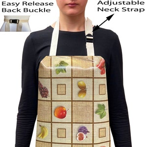 May include: A brown and beige apron with a fruit pattern. The apron has an adjustable neck strap and an easy release back buckle.