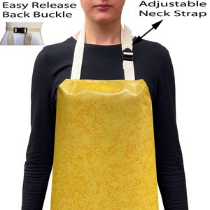 May include: Yellow waterproof apron with adjustable neck strap and easy release back buckle.