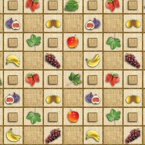 May include: A colourful game board with various fruits and vegetables arranged in a grid pattern. The board has a brown hessian background and is divided into squares. The fruits and vegetables include strawberries, apples, bananas, figs, grapes, pomegranates, and leafy greens.