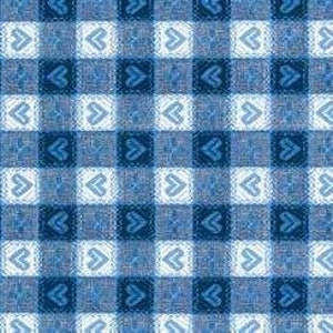 May include: Blue and white checked fabric with a heart pattern. The fabric has a woven texture.