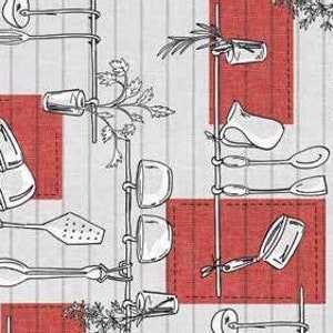 May include: A set of kitchen utensils hanging on a rack against a red and white gingham background. The utensils include a spatula, a spoon, a ladle, a whisk, a pair of tongs, and a fork.