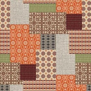 May include: A seamless pattern featuring a patchwork design with various geometric and floral patterns in shades of orange, brown, green, and beige.