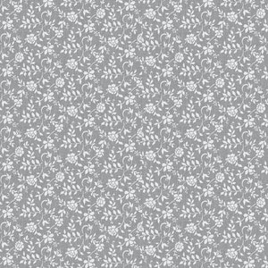 May include: A seamless pattern of white floral designs on a grey background. The pattern features small flowers, leaves, and vines.