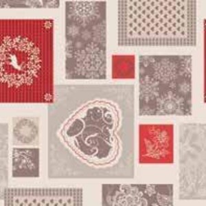 May include: A repeating pattern composed of red, grey, and beige rectangular and square designs. The pattern incorporates snowflakes, floral wreaths, and other decorative elements, creating a festive and seasonal aesthetic.