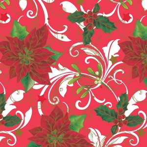 May include: A red and gold Christmas wrapping paper with a repeating pattern of poinsettias, holly, mistletoe, and swirling vines.