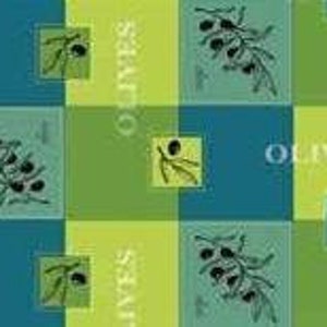 May include: A green and blue checkered fabric with a repeating pattern of olive branches and the words "Seafoams" and "Olives" in black text.