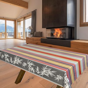 Leaves Striped PVC Vinyl Wipe Clean Tablecloth - ALL SIZES - Code: F191-2