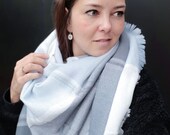 Womens scarf Sweet Blocks, Square shawl blue grey, Tartan extra soft winter scarf