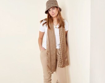 Elongated silky soft scarf Pattern, Satin women's scarf, Beige brown shawl headscarf