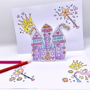 Cartão pop-up para colorir castelo de fadas, atividade de artesanato para impressão, folhas de atividades para baixar, atividades de colorir para crianças, baixar papercraft