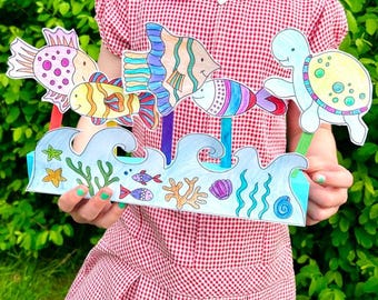 Knutselen oceaanpop, vissen in de zee knutselactiviteit, knutselidee oceaanscène, afdrukbaar knutselwerk voor kinderen Wereldoceaandag klasactiviteiten
