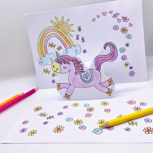 Einhorn Farbe in Pop-Up Karte, druckbare Bastelaktivität, Download Aktivitätsblätter, Färbung Aktivitäten für Kinder, Papiermodell, Regenbogen Karte