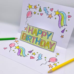 Carte pop-up en couleur Joyeux anniversaire, activité manuelle à imprimer, feuilles d'activités à télécharger, activités de coloriage pour les enfants, créations en papier à télécharger