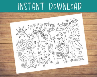 Printable Unicorn Colouring Sheet, Kids Party Placemat, Colour In Activity for Kids, Unicorn Party Placemat, Instant Digital Download