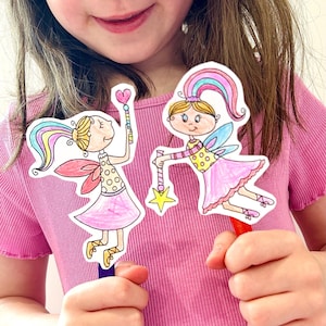 Printable Colour In Fairy Puppets, Color In Craft, Kids Fairy Crafts, Instant Download, Colouring Activity, Children&#39;s Fairy Craft Kit