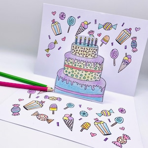 Bolo de aniversário para colorir em cartão pop-up, atividade de artesanato para impressão, folhas de atividades para baixar, atividades para colorir para crianças, baixar papercraft