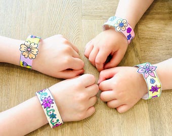 Utskrivbara blomarmband, Gör dina egna armband, Utskrivbara konst- och pysselaktiviteter för barn, Flickpyssel, Färglägg blommor sommarpyssel