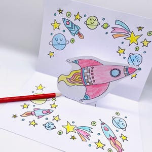 Weltraumrakete Farbe in Pop-Up-Karte, druckbare Bastelaktivität, Download-Übungsblätter, Malaktivitäten für Kinder, Download von Papierboot